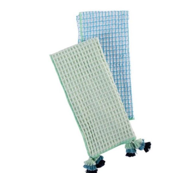 Mud Pie Other - Hand Towel Set of 2 | Waffle + Tassels | Green + Blue